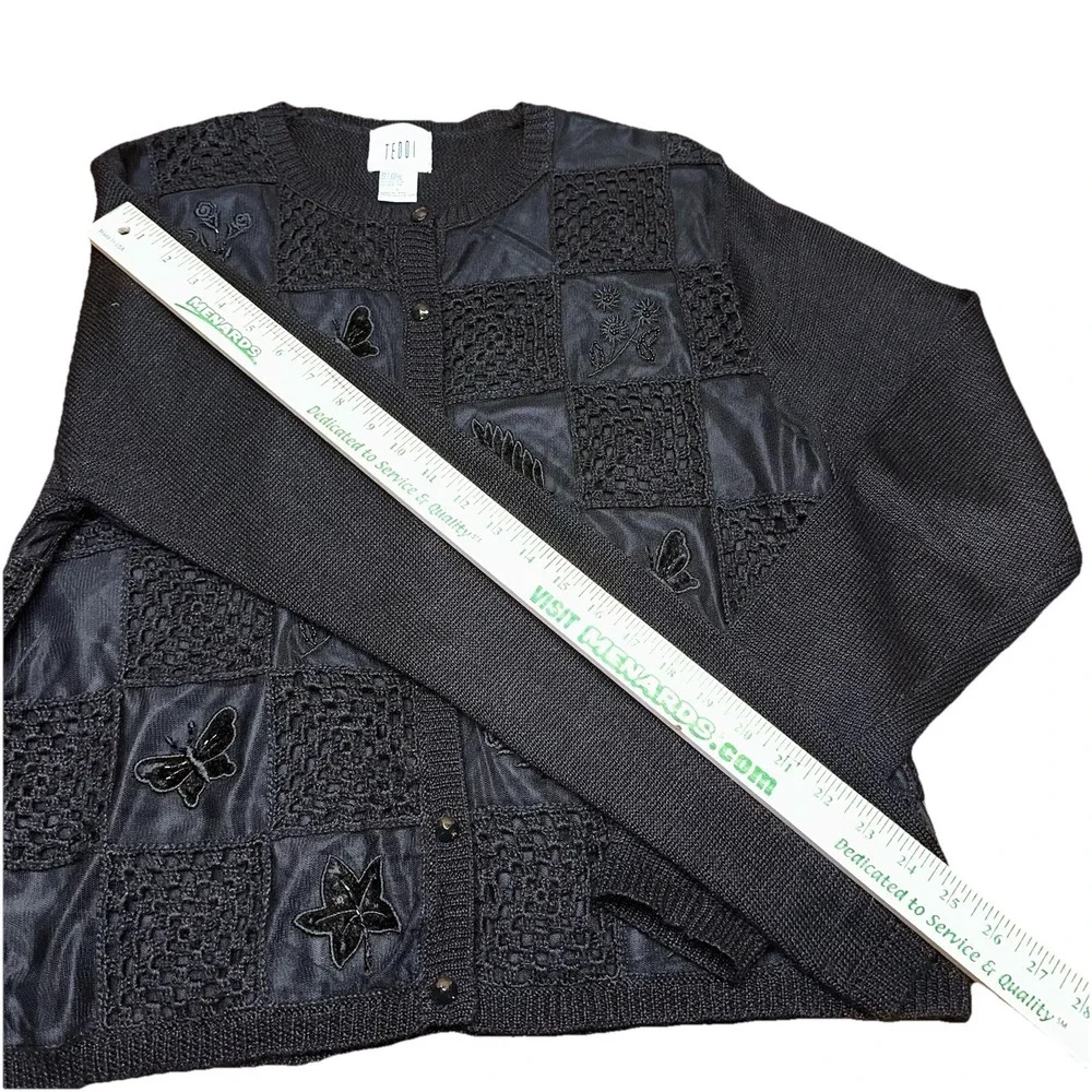 Vintage 90's Teddi‎ Button-Up Cardigan Sweater Black 3D Embroidered Women's L - Picture 9 of 11